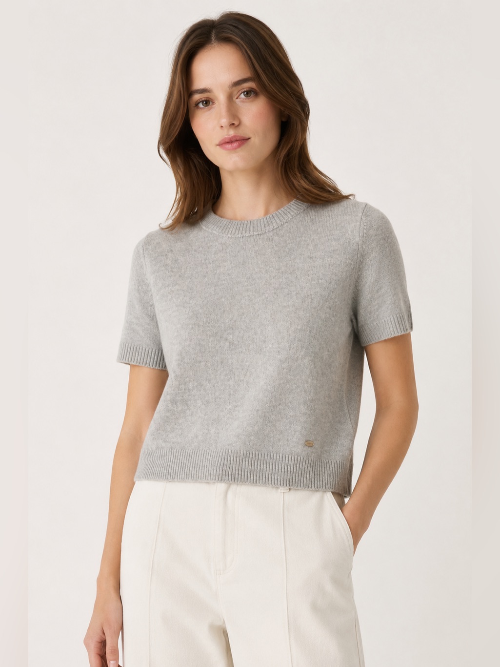 Tte & Tte Gray/Blue Short Sleeve Knit Sweater Top Boxy Crew Neck Soft Luxe